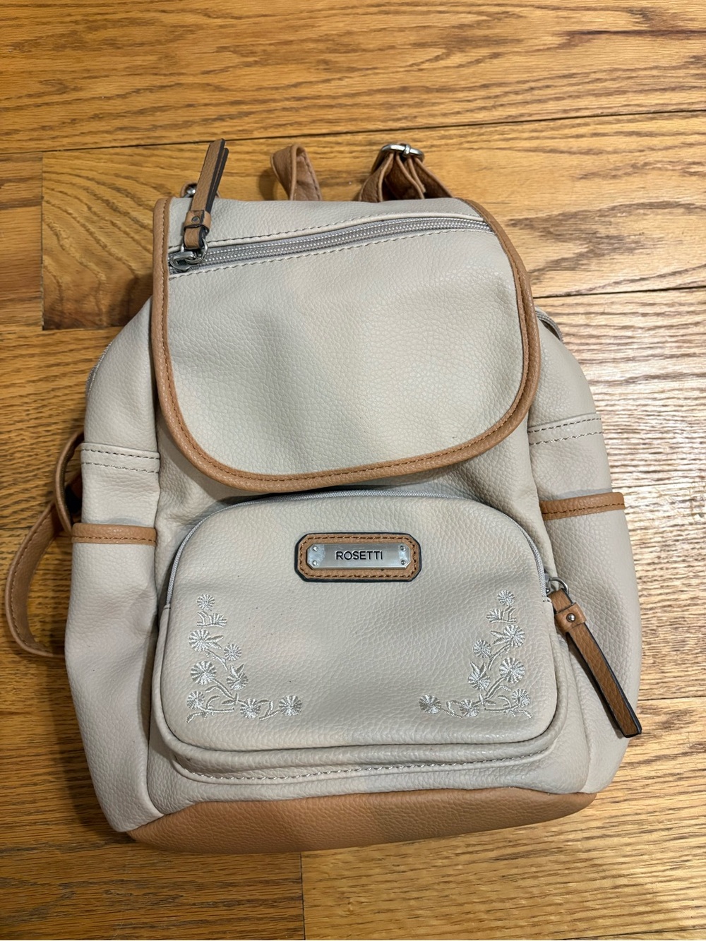 Rosetti Cream Backpack with Tan Trim and Floral Embroidery